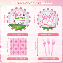 96 Pcs Golf Party Decorations, Pink Let's Par Tee Plates Napkins Forks for 24 Guests, Cute Golf Themed Tableware Set Party Supplies for Women or Girls