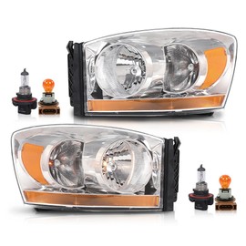 G-PLUS Headlights Assembly w/Bulbs Compatible with Dodge Ram 1500 06-08/Dodge Ram 2500 3500 06-2009 55077794AB 55077795AB,Clear Lens Chrome Housing Amber Reflector Driver Side & Passenger Side