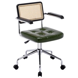 Zesthouse Modern Home Office Chair Leather Desk Chair with Rattan Back, Vanity Chair for Girls Women, Upholstered Tufted Swivel Armchair for Bedroom, Height Adjustable Computer Task Chair