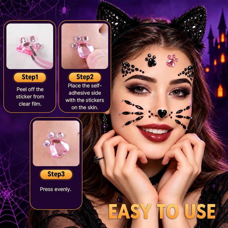 4Pcs Crystal Cat Face Gems Stickers, Halloween Cat Print Gem