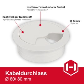 Gedotec Cable grommet desk made of sturdy ABS plastic, pack of 10 round cable passages, 80 mm, entry, cable box, white matt, cable guide for push-in, cable duct desk