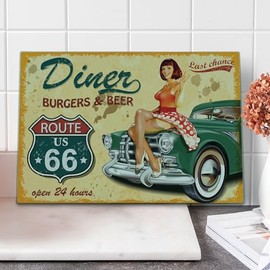 Lunarable Route 66 Cutting Board, Diner Burgers Beer Cafe Sign a Waitress on Car Freeway Retro Illustration, Decorative Tempered Glass Cutting and Serving Board, Large Size, Multicolor
