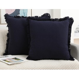 NUYECY Set of 2 Natural Linen Fringed Throw Pillow Covers,Navy Blue Neutral Decorative Pillowcase with Chic Tassel Burlap Boho Square Cushion Covers for Couch Sofa Farmhouse,16x16 inches