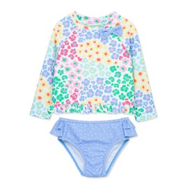 Little Me Clothes for Baby Girls' Leopard 2-Piece Long Sleeve Rash Guard, Blue, 18 Months