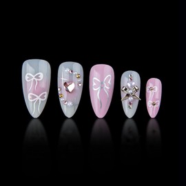 24Pcs Handmade Press On Nails Fake Nails with 3D Diamond Designs French Press on Bow False Nail Full Cover Rhinestones Love Stick on Nails For Women Medium Almond Nail Tips Set