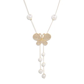 Gold Flower Crystal Pendant Necklace for Women Long Pearl Tassel Sweater Chain Necklace Wedding Rhinestone Pendant Necklace Fashion Jewelry for Women Party Christmas Gift (Butterfly)