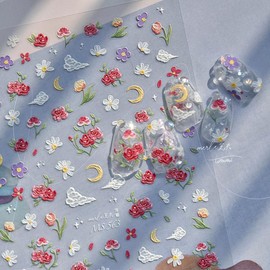 BYNYTO 5D Embossed Designs Flowers Nail Art Stickers Decals Self Adhesive Nail Decals Red Rose Floral Nail Stickers Manicure Sliders for Women DIY Nail Art Decorations (13.rose flowers)