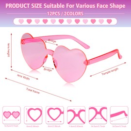 NACHLYNN 12 Pcs Heart Sunglasses for Women Rimless Heart Shaped Sunglasses Transparent Candy Color Heart Glasses for Party Favors (Rose Red and Pink)