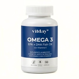 Vitday Aceite de Pescado Omega 3 Con Vitamina E Alto 180 Capsulas 1000mg Contenido de EPA DHA Cardio Energy Suplemento Vitaminas Aceite de Pescado Pur