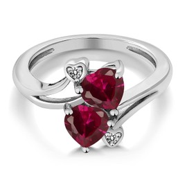 Gem Stone King 925 Sterling Silver Red Created Ruby and White Diamond Ring For Women (1.96 Cttw, Heart Shape 6MM, Gemstone July Birthstone, Available In Size 5, 6, 7, 8, 9)