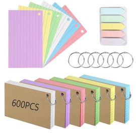 OT-NVWOZR Flash Cards, 600PCS Revision Cards with 100 Sticky Tabs & 6 Metal Binder Ring, 125 x 75mm Colorful Index Cards Ruled Flshcards Heavy Notecards for Office School Study Learning