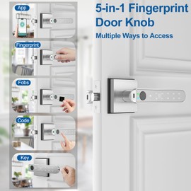 Foxgard Smart Fingerprint Door Lock:Fingerprint Door Knob-Biometric 5-in-1 Finger Print Door Lock-Smart Door Knob for Bedroom-APP Control-Easy Installation–Square Silver–1 Pack