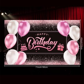 Happy Birthday Backdrop Banner Decorations - Pink Birthday Background Photography Banner Girl, Large Fabric Sign for Birthday Party Decoration Supplies Women, 71 x 43 Inch