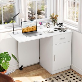 Tangkula Folding Computer Desk with Storage Drawer & Cabinet, Compact Home Office Desk with Adjustable Shelf, Space-Saving Foldable Side Table for Bedroom, Office, Study (White)