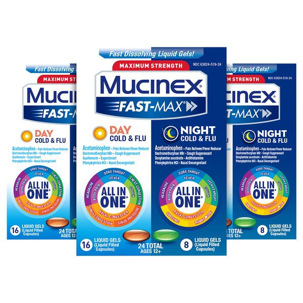 Mucinex Fast-Max Max Strength, Day Cold & Flu & Night Cold & Flu Liquid Gels (Pack Of 3), 72 Count (Packaging May Vary)