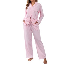 ZAFUL Women's Cotton Pajamas Sets Notch Long Sleeve Sleepwear Button Down Nightwear Soft Pjs Lounge Sets Pink M