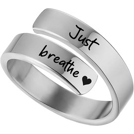Just Breathe Ring For Women Adjustable Heart Ring Stainless Steel Spiral Wrap Twist Vintage Healing Ring Used to relieve anxiety Twist Inspirational Friendship Gift Jewelry (Silver heart)