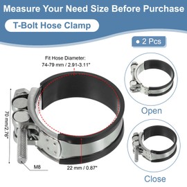 PATIKIL 74-79 mm T-Bolt Hose Clamp, Pack of 2 Rubber Damped Intake Intercooler Pipe Clamps Made of 304 Stainless Steel for 2.91 - 3.11 Inch Pipe