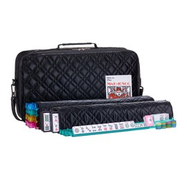 American Mahjong Set “Black - Quilted PU Leather Carrying Bag with Shoulder Strap & Handles, All-in-One Tile Racks with Pushers, 166 Engraved Tiles, Dice, Bettor, Extra Tiles & Instructions