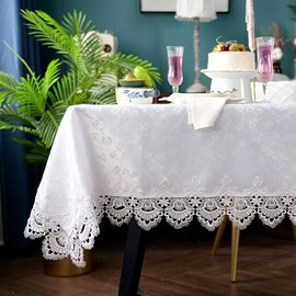 ARTABLE LaceTablecloths with Exquisite Macrame Border Embroidered Kitchen Holidays Fabric Tablecloth(White-1, 55 x 94 Inch)