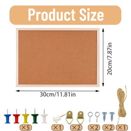 Pin Board Cork Board 30 x 20 cm, Cork Wall Notice Board with Accessories, Vision Board for Office and Home, Includes Pens and Hanging, Ideal for Pin Board, Children's Room and Kitchen