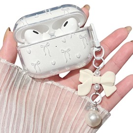 MINSCOSE Compatible with AirPods Pro2 Clear Case,Cute Bow Ribbon Heart Pretty Aesthetic Design with Bow Pearl Keychain,Soft TPU Protective Shockproof Case for Women Girl for Airpod Pro2-White