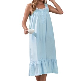 Viakeo 100% Cotton Nightgowns For Women Sleeveless Night Gown Long Sleep Dress With Pockets Lake Blue