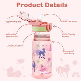 omedecal Kids Water Bottle for School, 16 Oz Plastic Straw Water Bottle with Silicone Spout and Leakproof Cover, Dishwasher Safe (Unicorn)
