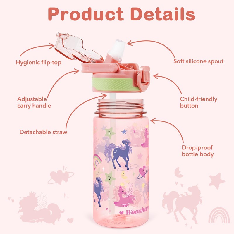 omedecal Kids Water Bottle for School, 16 Oz Plastic Straw