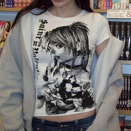 Graphic Tees Y2k Baby Tee Teens 2000s Vintage T Shirts Emo Grunge Printed Summer Crop Tops 2024 (White,M,Medium)