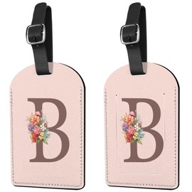 Deokke 2 Pack Initial Letter Luggage Tag Monogram Suitcase Tags PU Leather Cover Aesthetic Cute Monogrammed Travel Bag Labels for Women Girls Men (Pink-B)