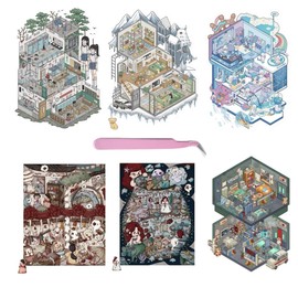 6 Sets DIY 3D House Stickers Large Version Miniature House Stickers with Tweezers Fun 3D Sticker Scene Miniature House Sticker Therapy Relief Stress