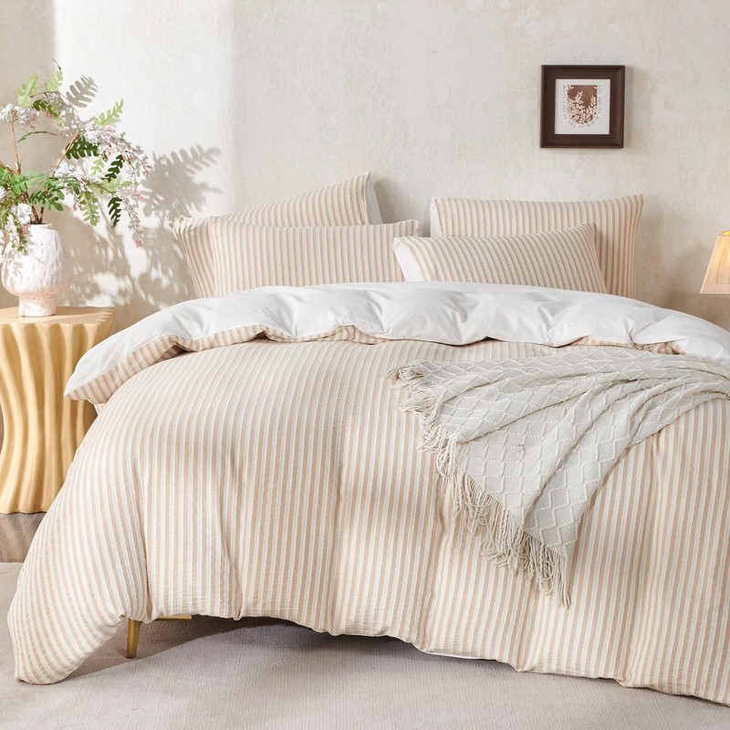 BUPIRD Queen Size Comforter Set Beige Striped 100% Soft Washed