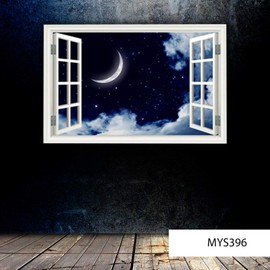 MySticky 3D Starry Night Fake Window Wall Sticker, Removable Vinyl Decal Frame, Peel and Stick, Art Decor for Bedroom, Living-Room, Kids or Any Room, Medium