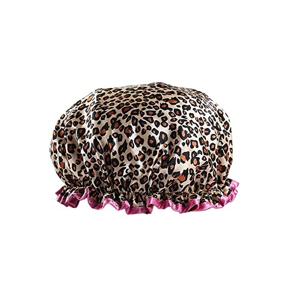 Reusable Waterproof Shower Cap - Double Thick, Leopard Red Border