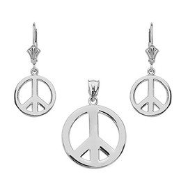 Claddagh Gold Peace Sign Symbol Pendant and Leverback Dangle Earrings in Sterling Silver