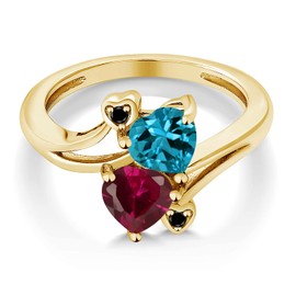 18K Yellow Gold Plated Silver London Blue Topaz Red Created Ruby and Black Diamond Ring For Women (1.95 Cttw, Heart Shape 6MM, Gemstone November Birthstone, Available In Size 5, 6, 7, 8, 9)