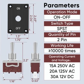 Toggle Switch 12V, MecRecare Waterproof 2 Way Toggle Switch ON/Off 30A 12VDC 2 Pin SPST with Mounting Panel for Auto Boat Marine