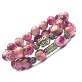 Boho Gipsy multi-strand woman's bracelet in natural white jade tinged in red