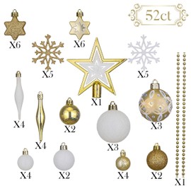Valery Madelyn Gold White Christmas Baubles Christmas Tree Decorations 52pcs 3-6cm Shatterproof Baubles for Christmas Tree Balls Ornaments for Xmas Decoration