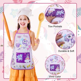 ROSEMO 2 Pack Kids Aprons for Cooking, 6-12 Years Children's Aprons, Cartoon Unicorn Kitchen Chef Aprons with 2 Pockets for Baking Cooking Crafts Painting Artist, Girls Birthday Gifts