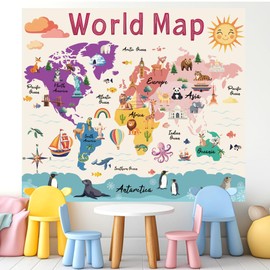 ACRNIGHEET World Map Tapestry for Education Various Cute Cartoon Animals Tapestry Wall Hanging for Bedroom Wild Animals And Plants Classroom Tapestry Funny Educational Learning Tool 59 x 51 In
