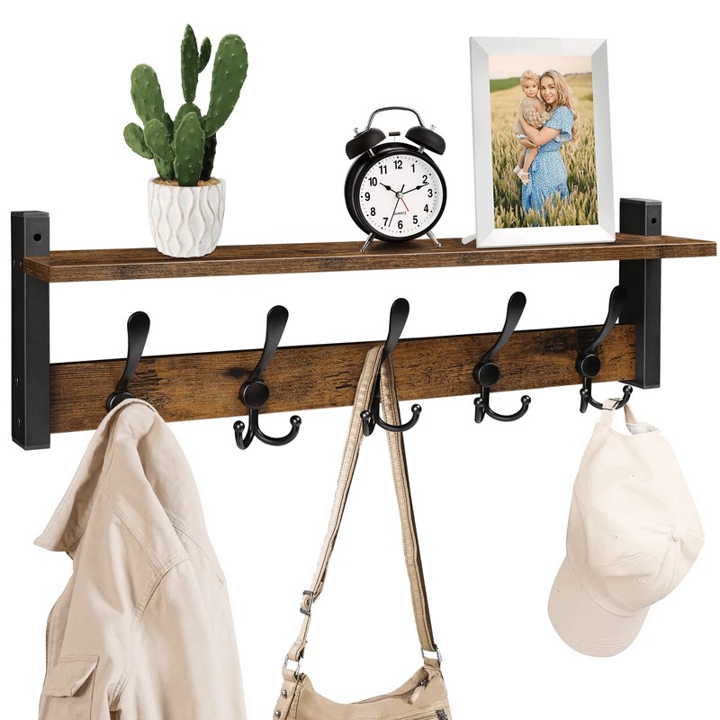 Homode Rustic Brown Wall Mount Coat Rack with Shelf and