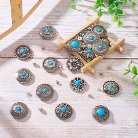 Beadthoven 36pcs/18 Sets Turquoise Alloy Rivets Vintage Western Style Decorative Buckles Antique Silver Flat Round Flower Metal Screwback Buttons for DIY Leather Crafts Belt Purse Shoes Decorations