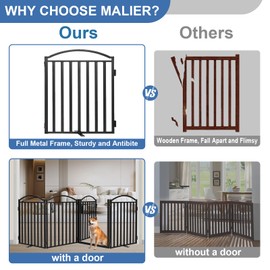 Malier Metal Freestanding Dog Gates with Door, 32'' Height Outdoor Indoor Dog Fences, Extra Wide Foldable Puppy Gate Free Standind Tall Pet Gate for Stairs, Hallways, Doorways, Yard (Black 6 Panels)