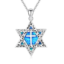ABIGY Star of David Necklace, 925 Sterling Silver Star of David Necklace with Cross Opal Pendant Chai Necklace Hexagram Star of David Chain Jewish Amulet Jewellery Gifts for Men Women, Sterling Silver