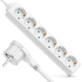 deleyCON 6-Way Power Strip with Flat Connector Power Strip for Indoor Use 1.4 m Cable Flat Contact Plug Robust Plastic Housing White