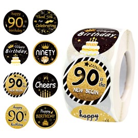 600 PCS 1.5 Inch Happy 90th Birthday Roll Stickers, 8 Different Design Black Gold Happy 90th Birthday Round Labels 90th Birthday Party Favor Anniversary Party Supplies, Handmade Sticker