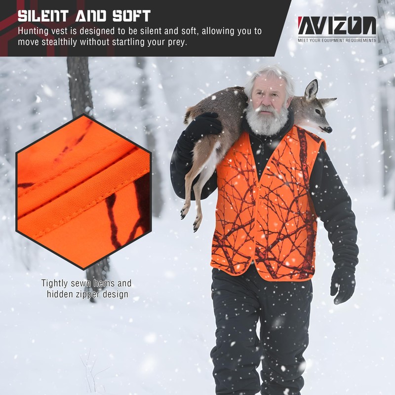 Avizon Men's Hunting Vest Orange Camouflage Hunting Vest Zipper Closer