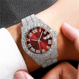 HUNRUY Hip Hop Watches for Men Iced-Out Bling Diamond Luxury Quartz Watches with Date (42mm Silver red)